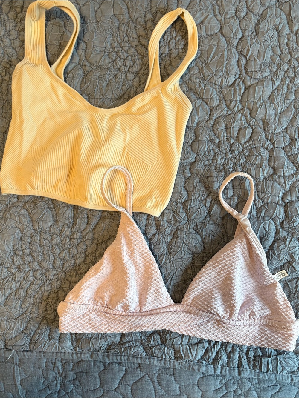 aerie Yellow Ribbed Crop Bralette & light Lilac Textured Triangle Bikini top